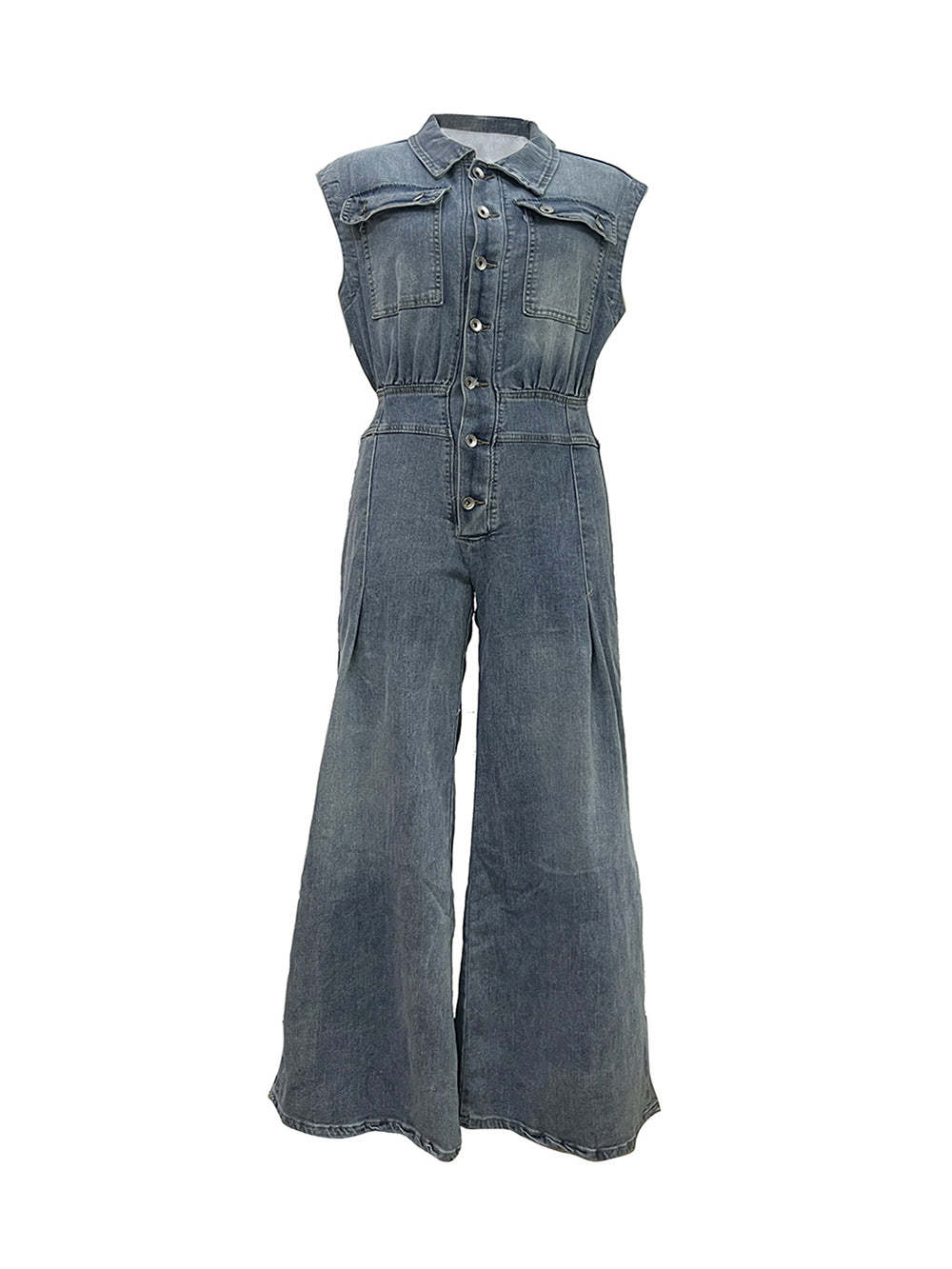 Sleeveless Button Denim Wide Leg Jumpsuit