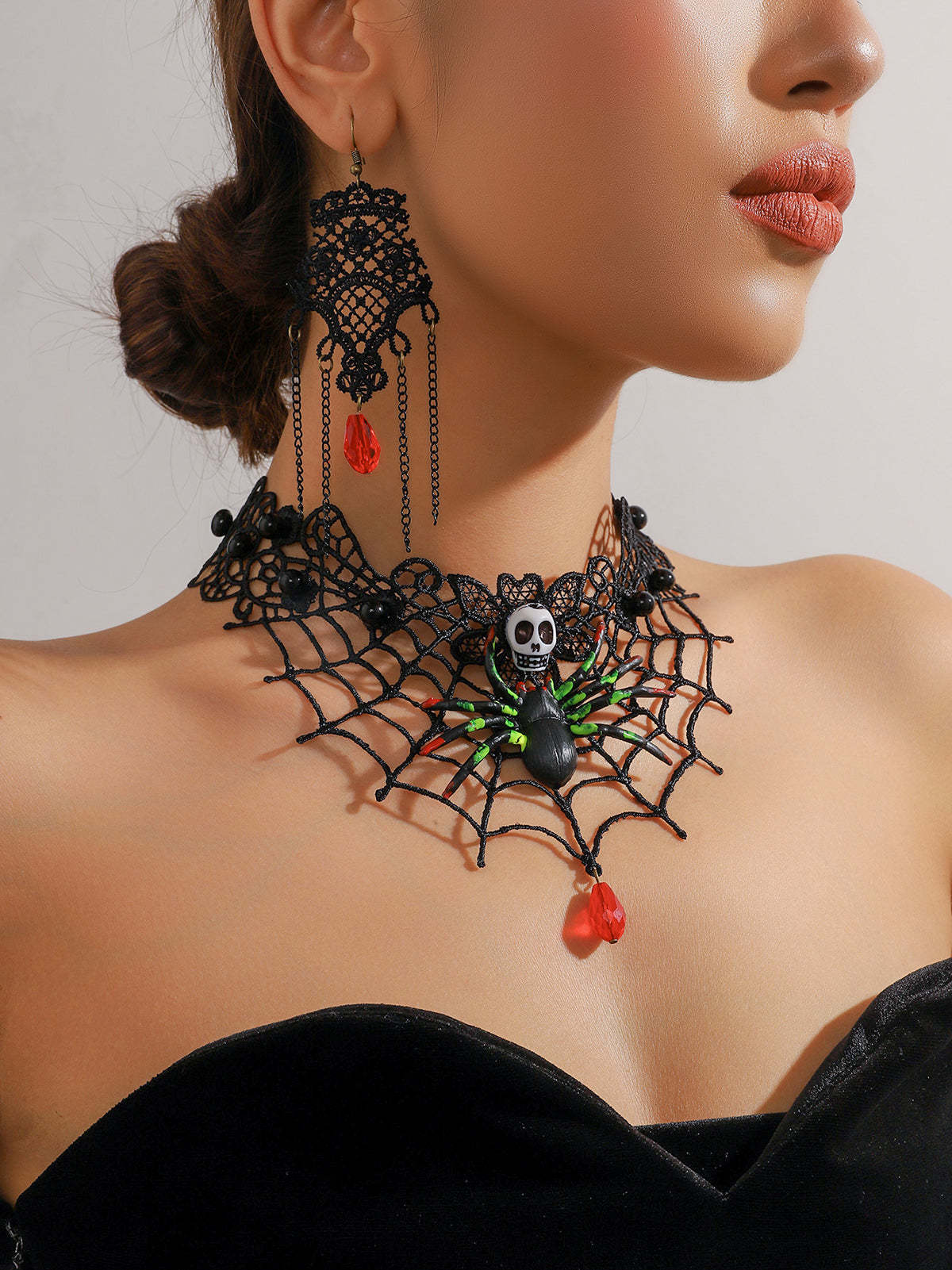 Skull Spider Lace Necklace & Earring Set | Halloween Jewelry