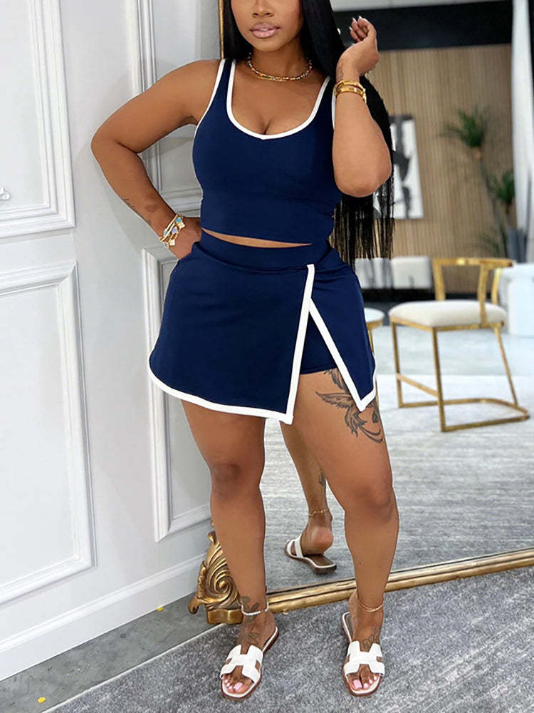 Two-Piece Contrast Trim Crop Top Skirt Shorts Set