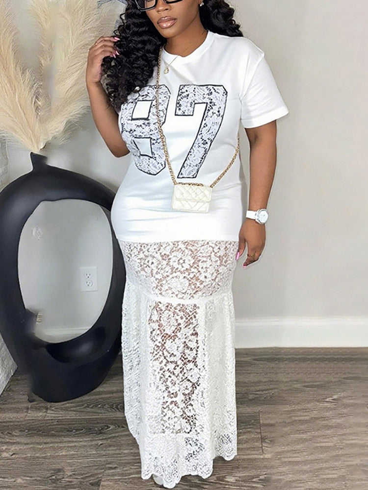 Letter Print Lace Patchwork Maxi Dress