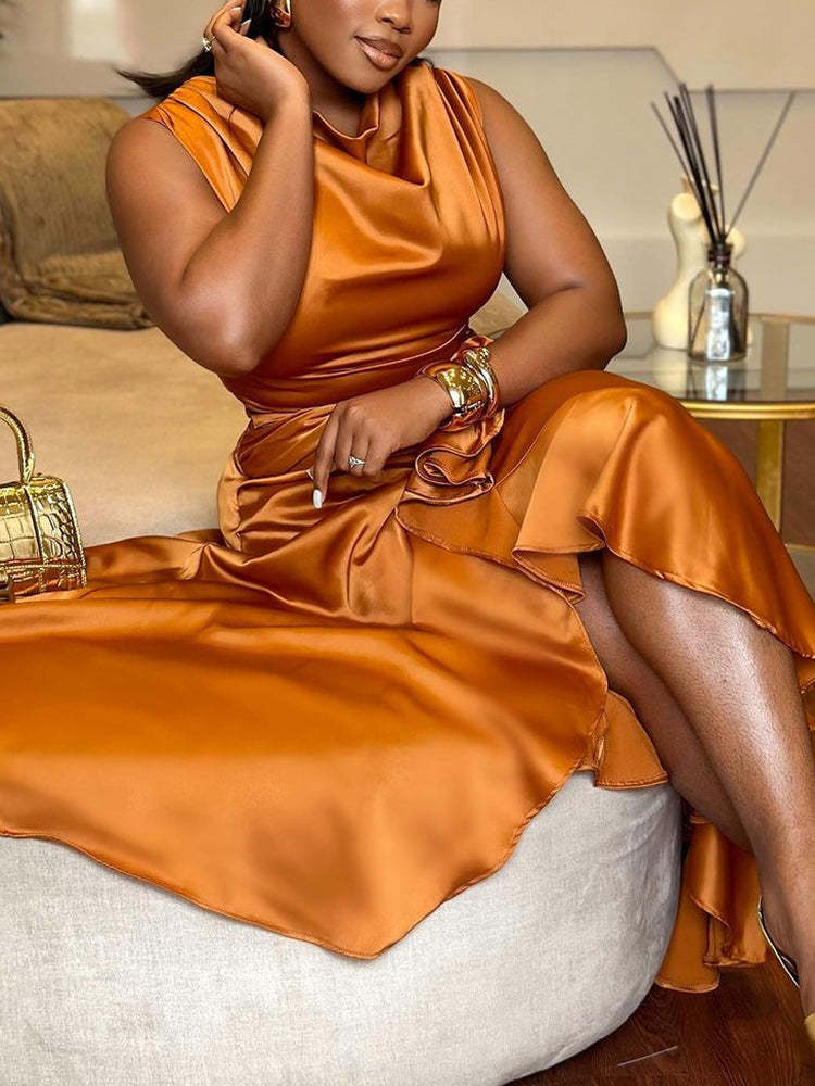 Satin Ruffle Ruched Asymmetrical Dress