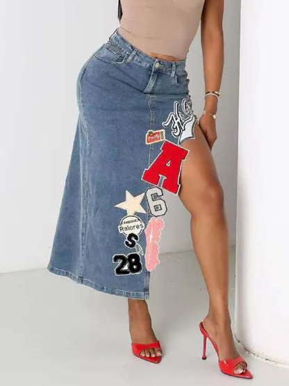 Graffiti Patchwork High Slit Denim Midi Skirt