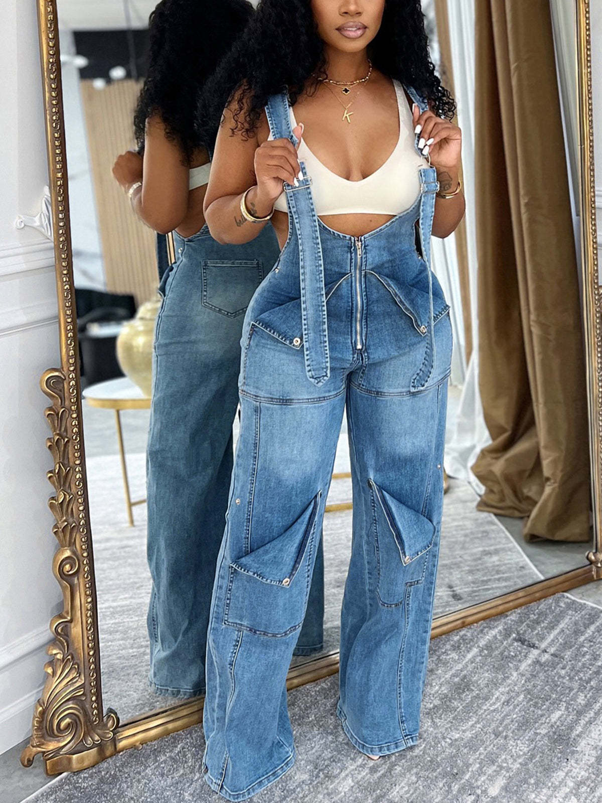 Loose Fit Zip-Up High-Waist Denim Overalls | Casual Wide-Leg Jumpsuit