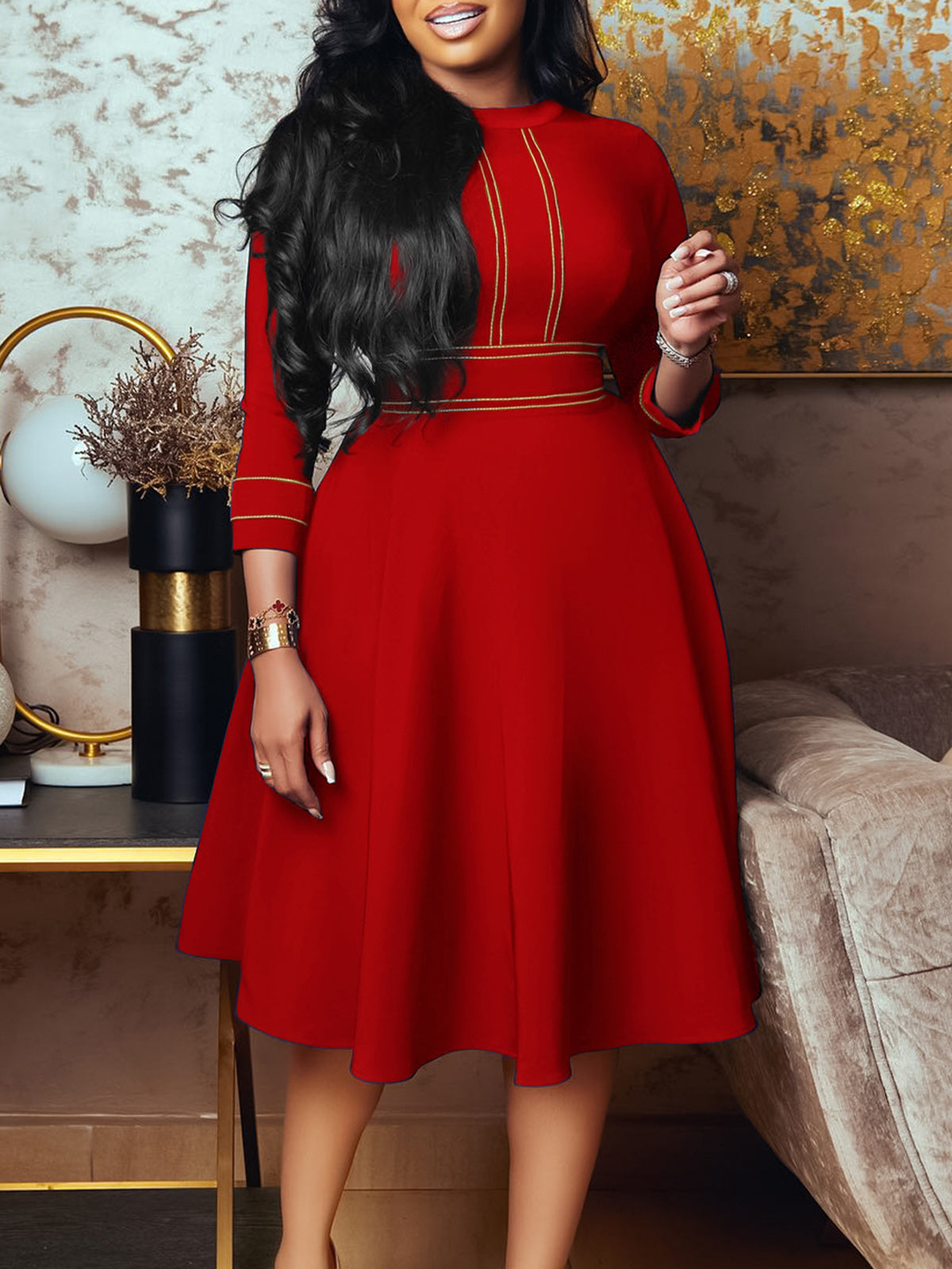 Plus Size Short Sleeve Stand Collar Party Swing Dress
