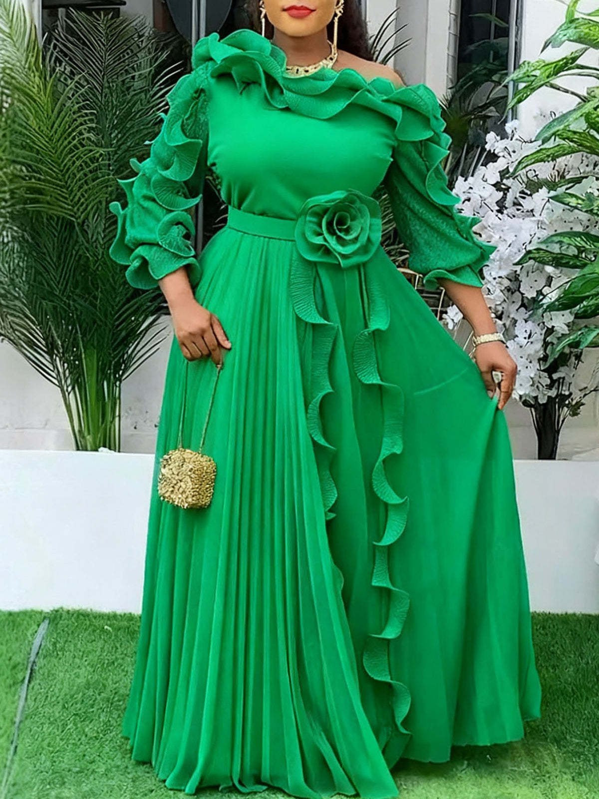 Ruffled Off-Shoulder Pleated Maxi Dress