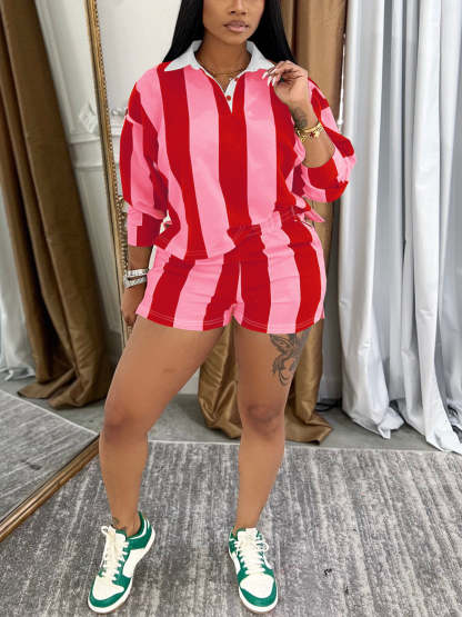 Striped Polo Crop Top Shorts Set