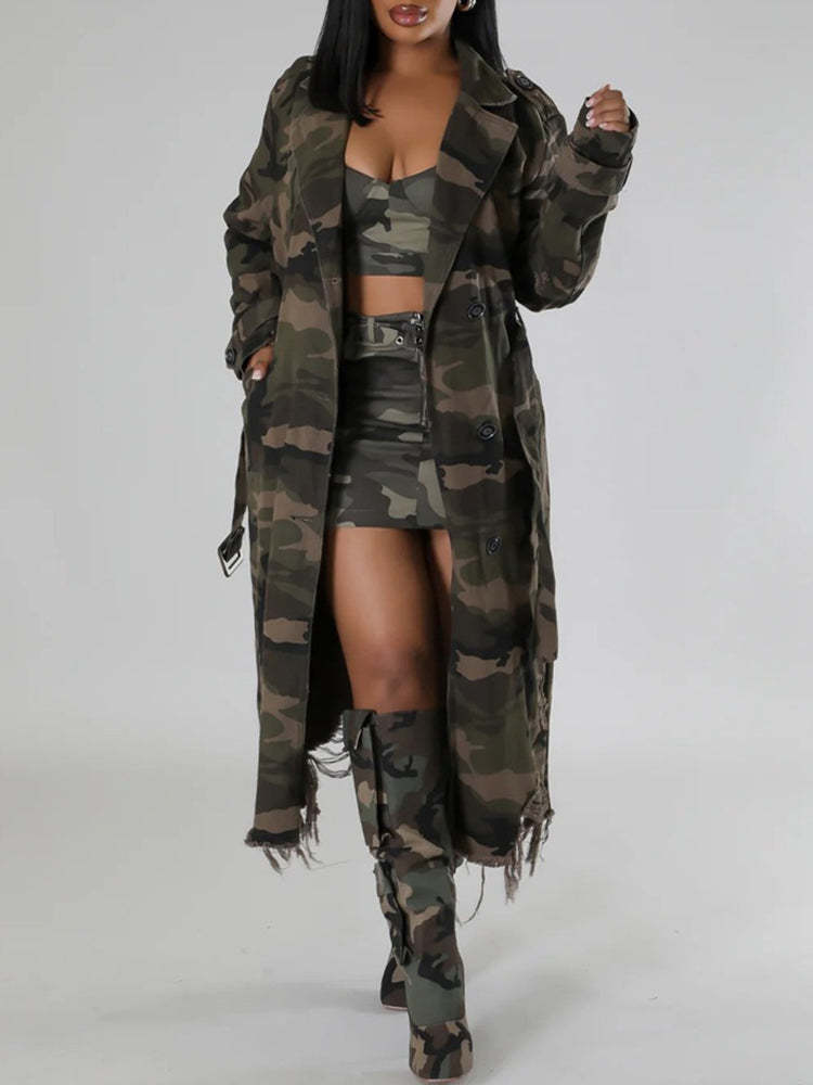Cool Distressed Camouflage Long Trench Coat | Street Style Outerwear