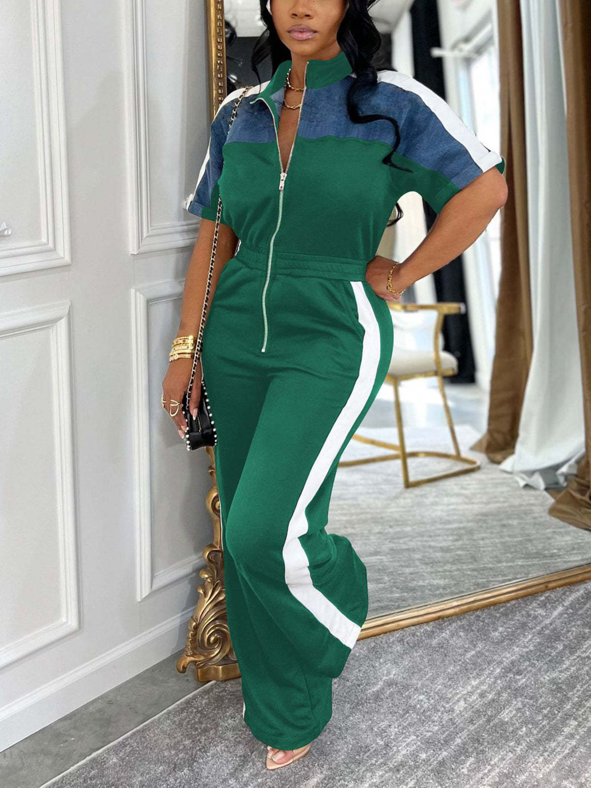 Denim Color Block Zipper Long Jumpsuit