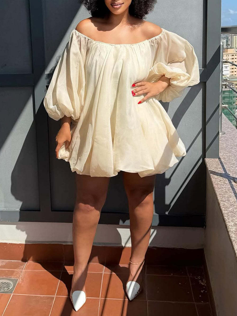 Plus Size Off Shoulder Puff Sleeve Dress