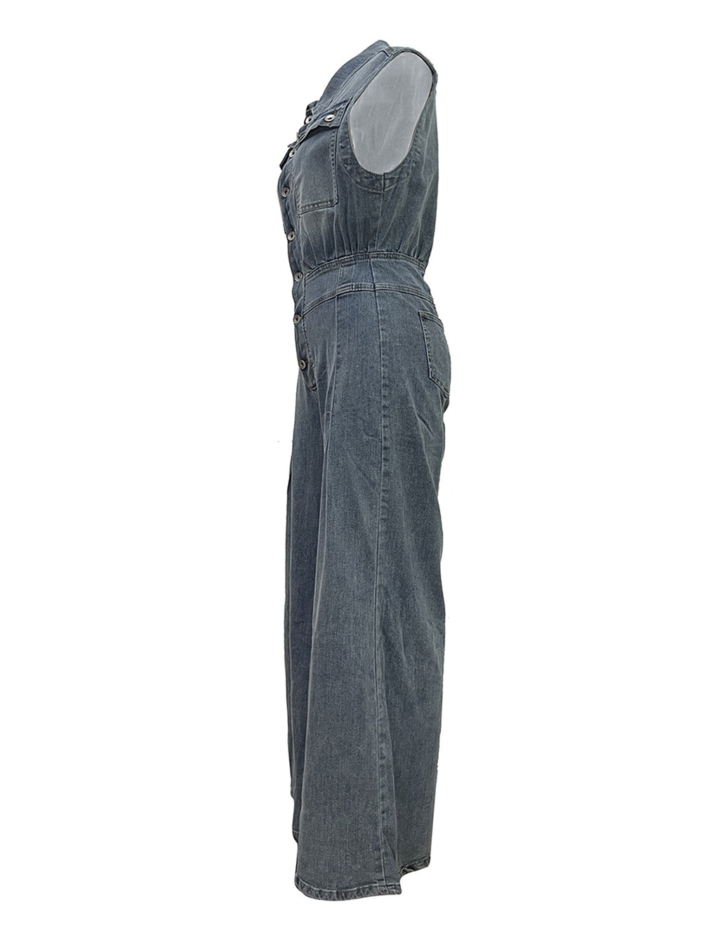 Sleeveless Button Denim Wide Leg Jumpsuit