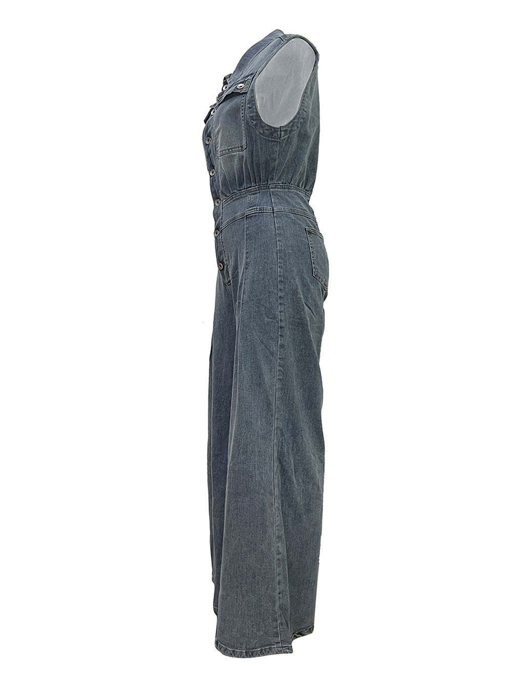 Sleeveless Button Denim Wide Leg Jumpsuit