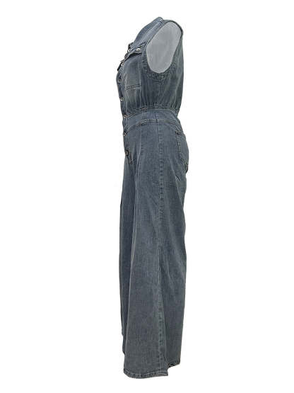 Sleeveless Button Denim Wide Leg Jumpsuit