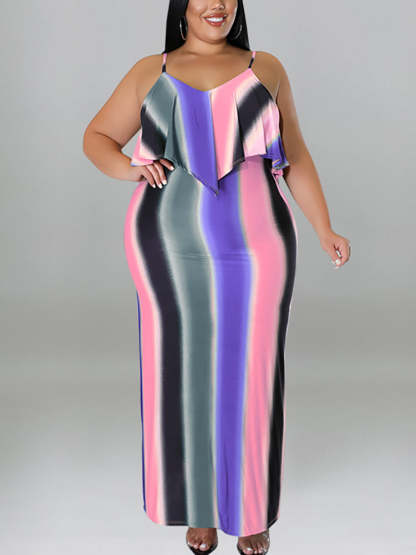 Plus Size Ruffle Strap Rainbow Stripe Print Dress