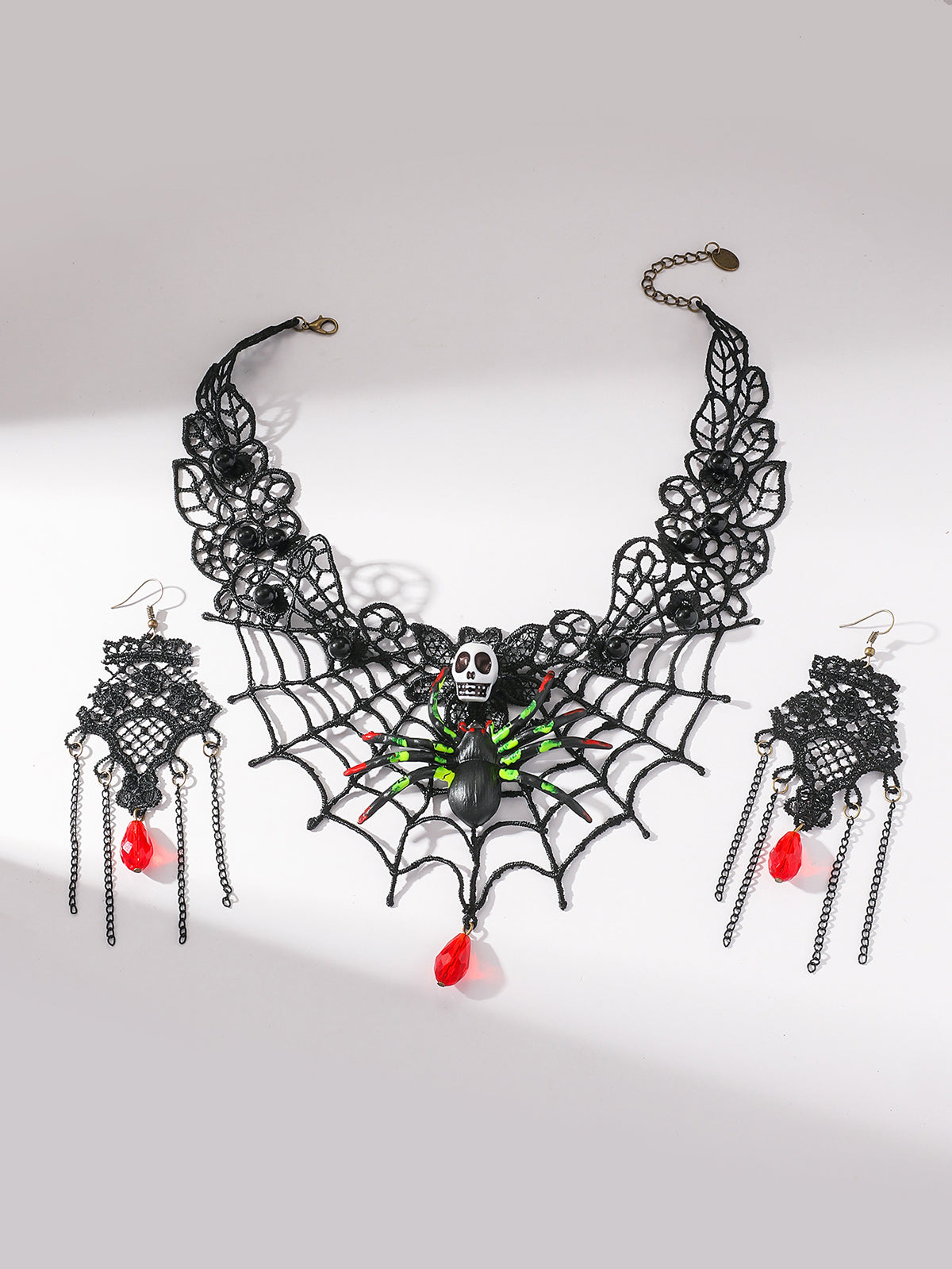 Halloween Skull Spider Lace Necklace & Earring Set