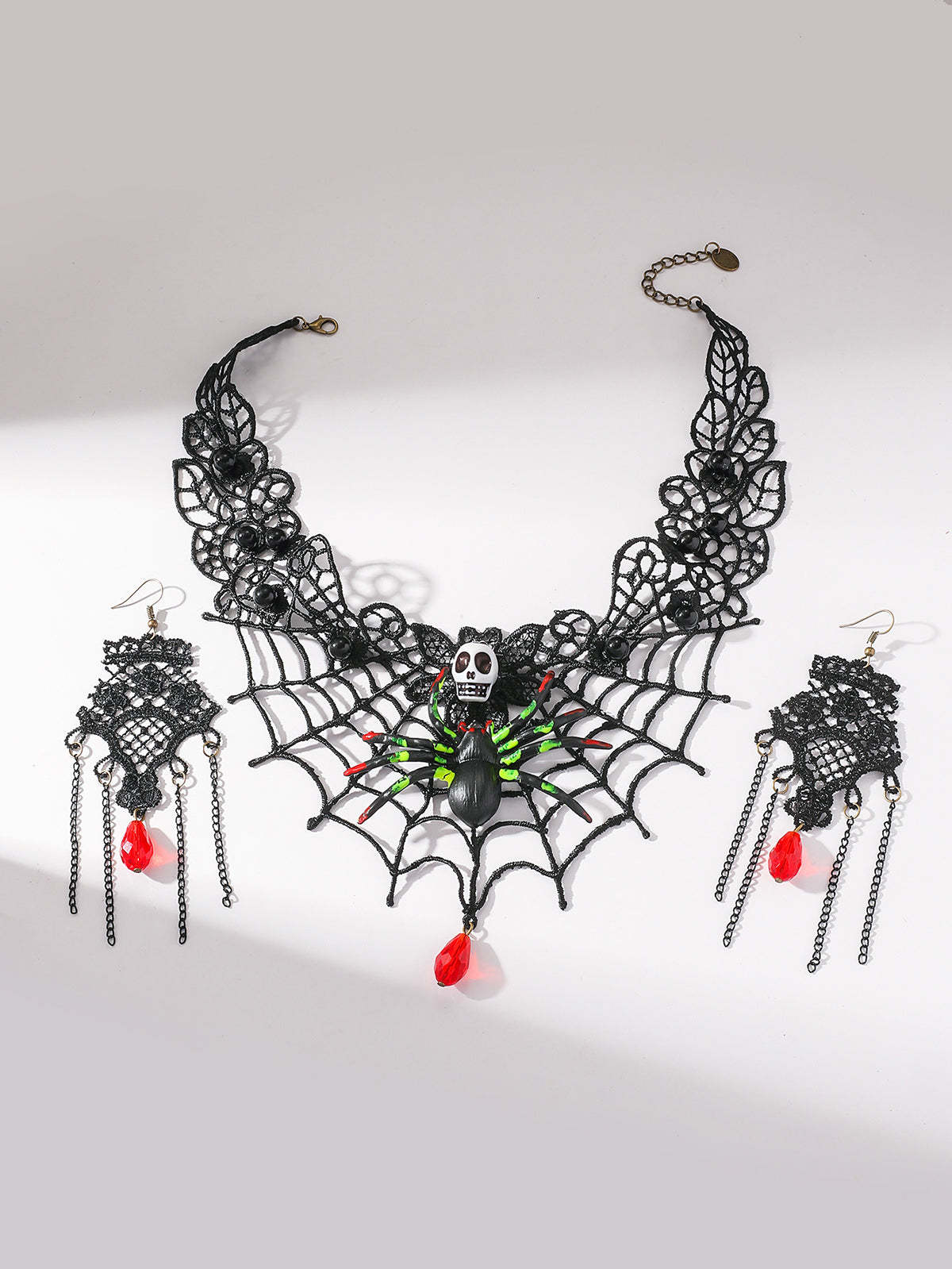Halloween Skull Spider Lace Necklace & Earring Set