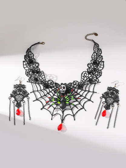 Halloween Skull Spider Lace Necklace & Earring Set