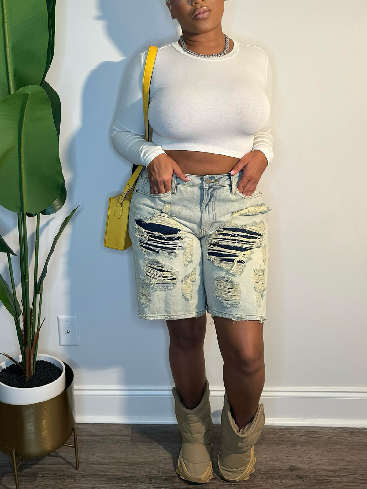 Distressed Patchwork Denim Shorts