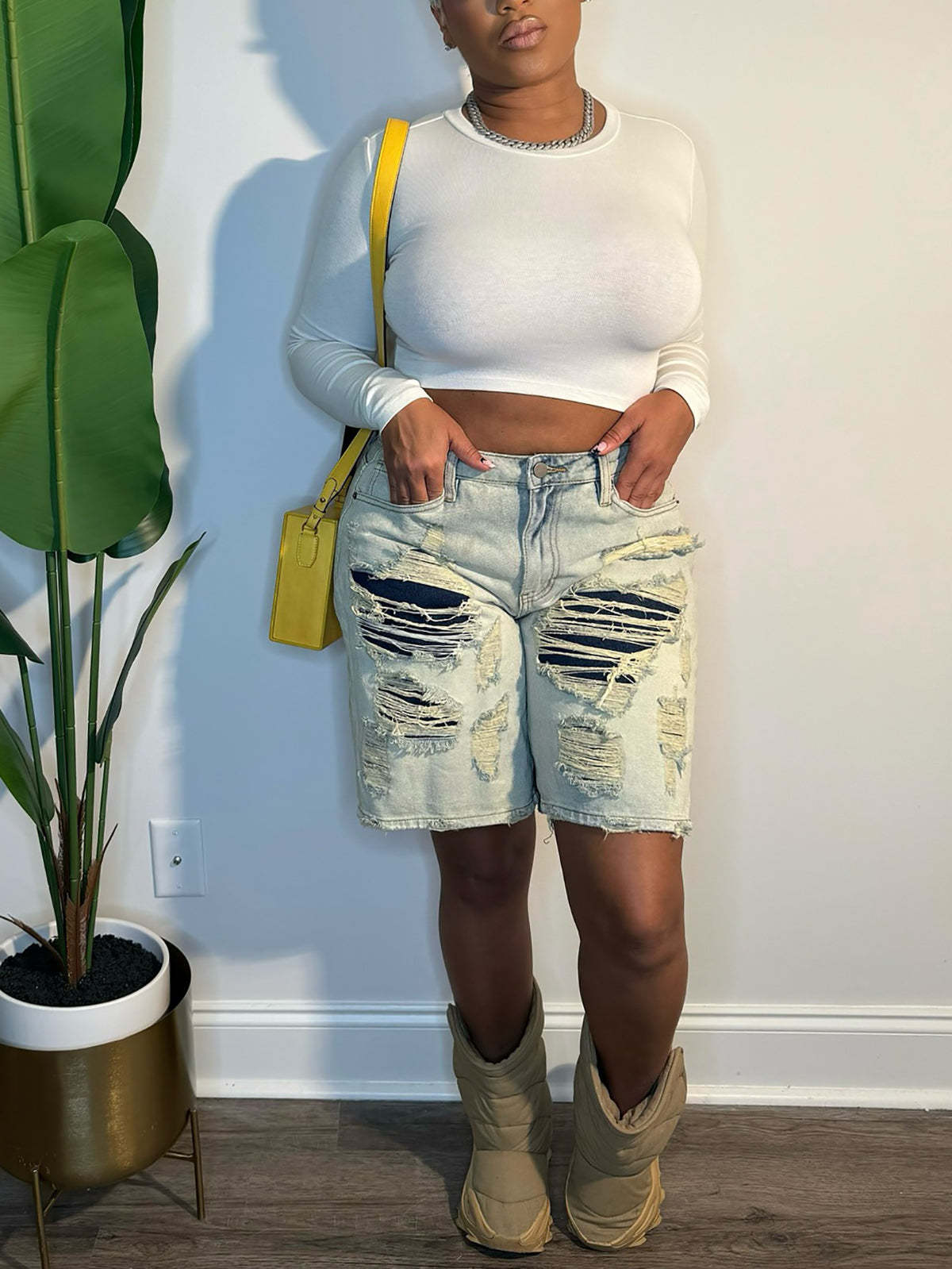 Distressed Patchwork Denim Shorts