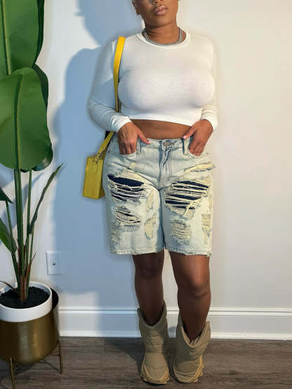 Distressed Patchwork Denim Shorts