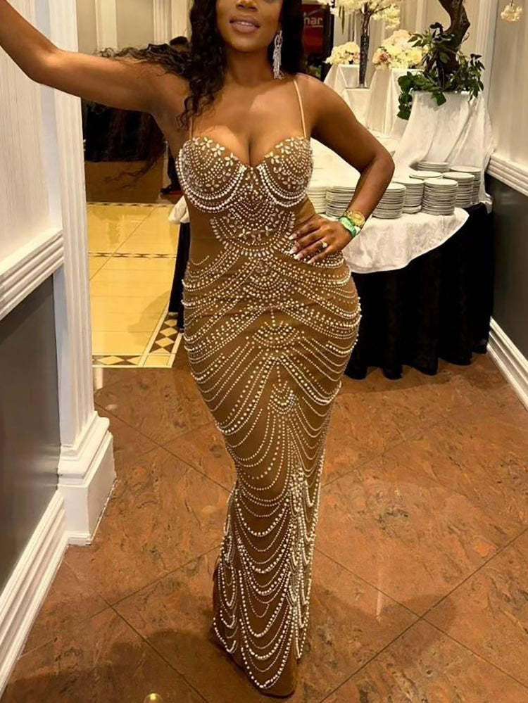 Strappy Rhinestone Mesh Maxi Dress