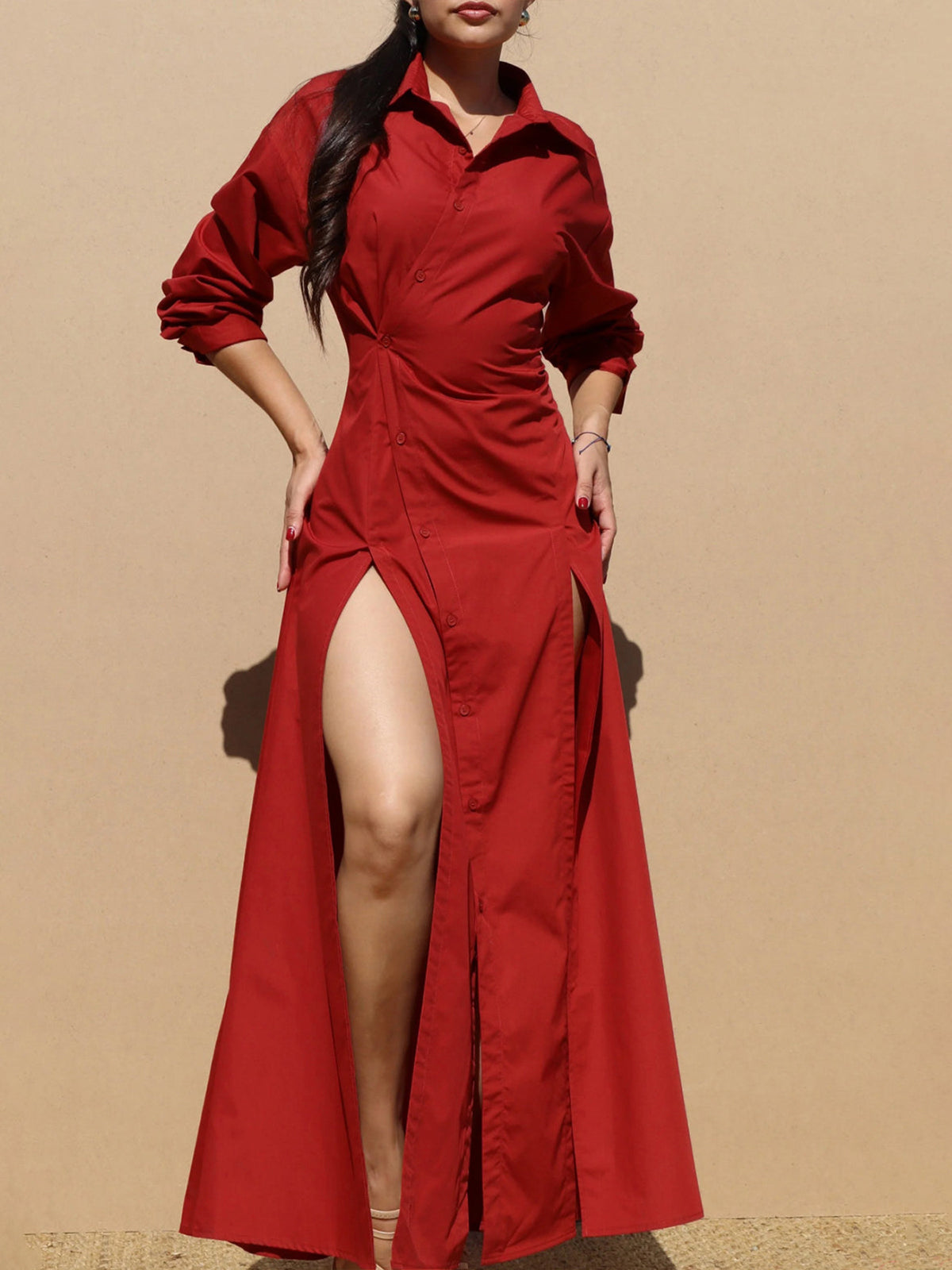 Button-Down Slit Maxi Shirt Dress