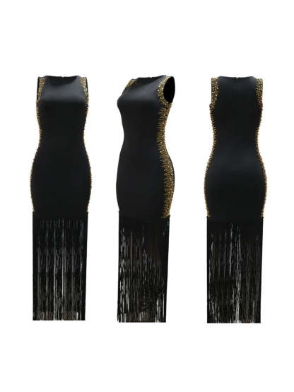 Sleeveless Rhinestone Fringe Hem Maxi Dress