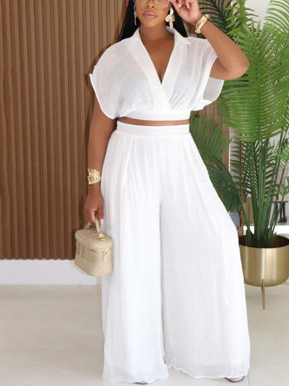 Solid Color Top Wide-Leg Pants Set