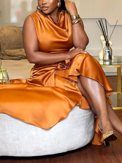 Satin Ruffle Ruched Asymmetrical Dress