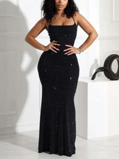 Strap Rhinestone Mesh Maxi Dress