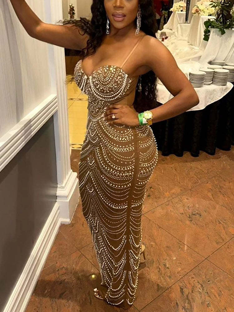 Strappy Rhinestone Mesh Maxi Dress