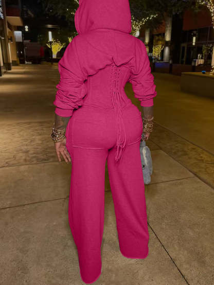 Zip-Up Hoodie Corset Waist Pants Set