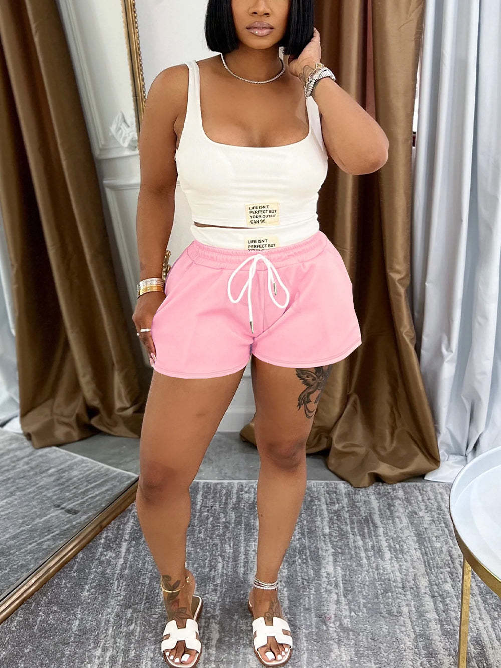 Casual Letter Print Crop Tank & Shorts Set | Women's Two-Piece Outfit