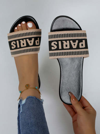 Paris Letter Knit Band Slide Sandals