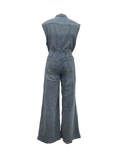 Sleeveless Button Denim Wide Leg Jumpsuit