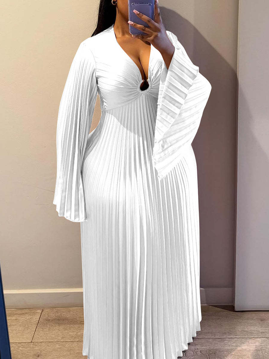 Chiffon V-Neck Pleated Maxi Dress