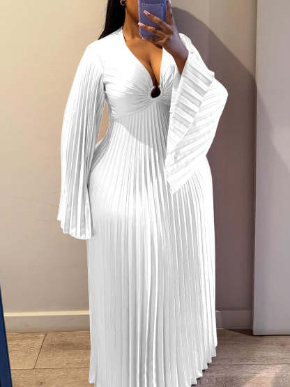 Chiffon V-Neck Pleated Maxi Dress