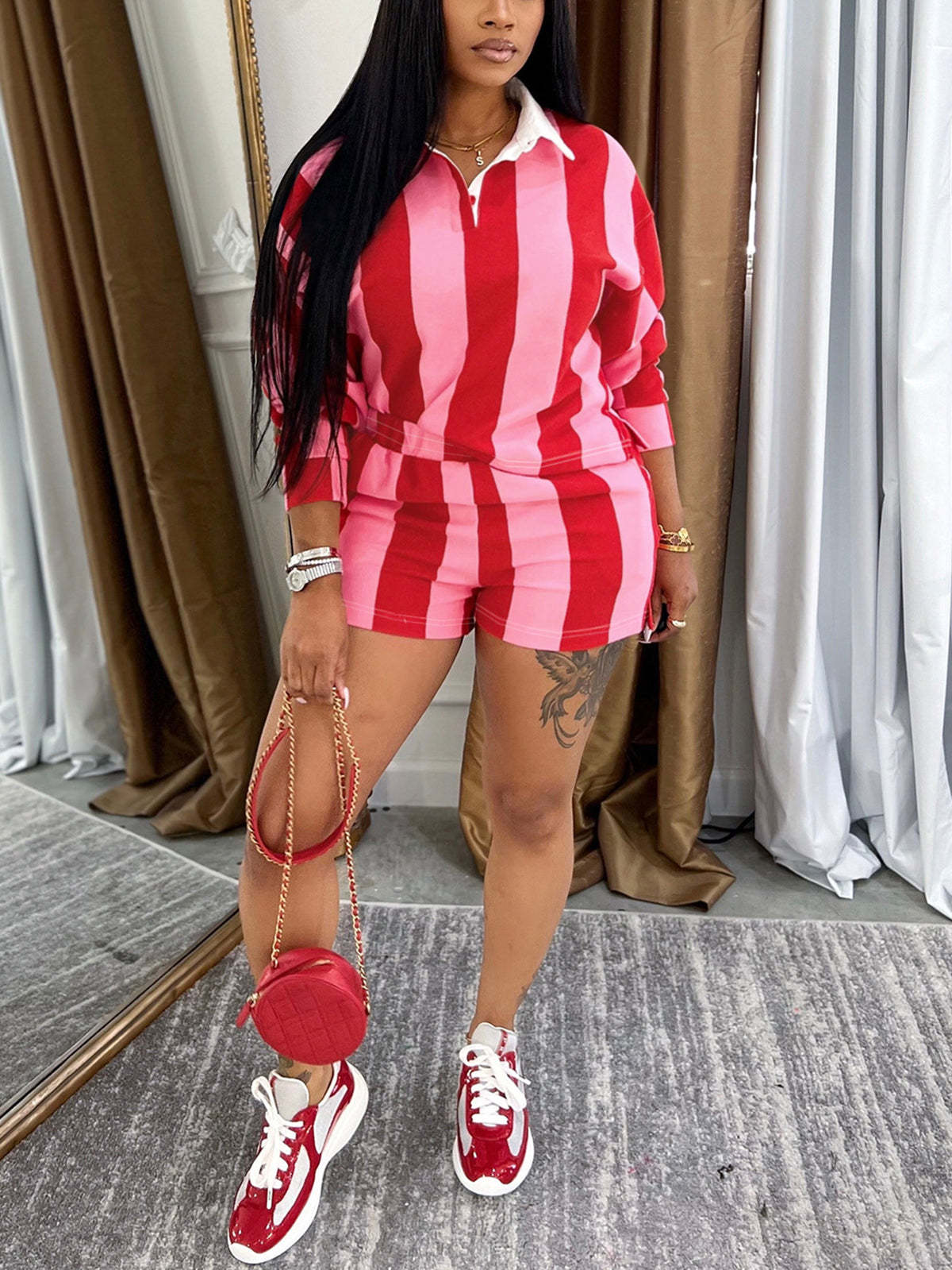 Striped Polo Crop Top Shorts Set