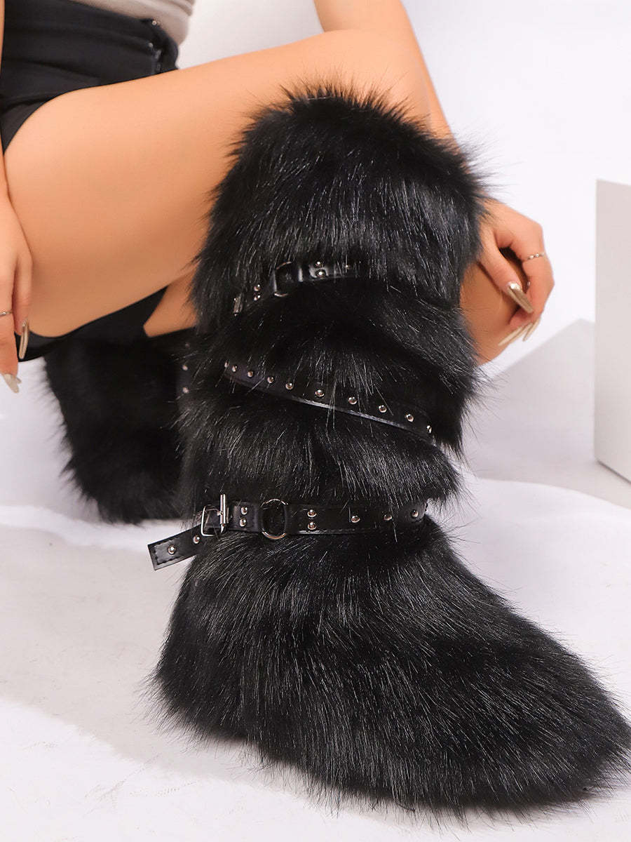 Y2K Faux Fur Cross Strap Buckle Boots