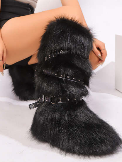 Y2K Faux Fur Cross Strap Buckle Boots