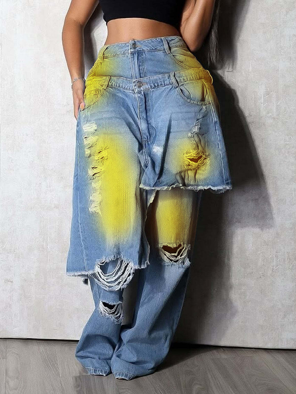 Distressed Gradient Patchwork Wide Leg Denim Jeans | Street Wear