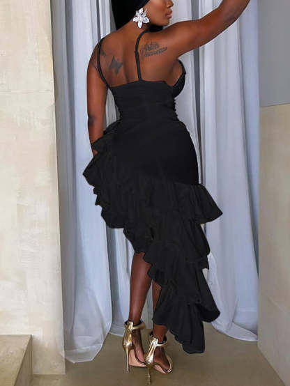 Ruffled Asymmetrical Ruched Cami Dress