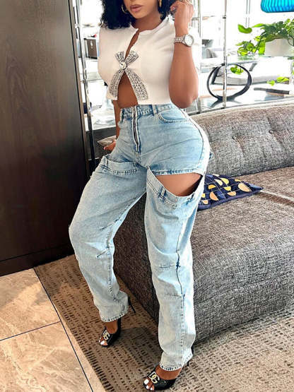 Rhinestone Split Hem Crop Top