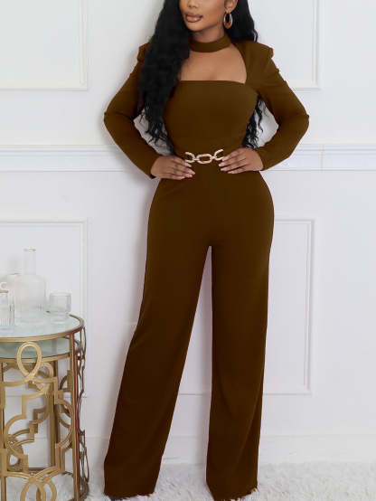 Long Sleeve Choker Waist Chain Jumpsuit