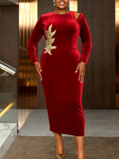 Plus Size Velvet Embroidered Midi Dress