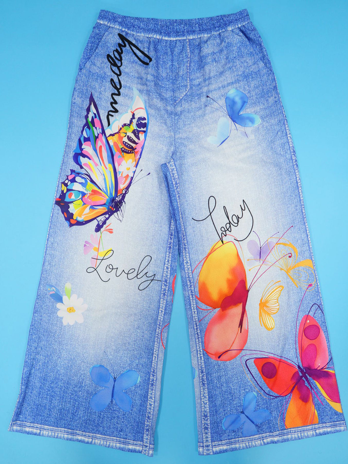 Floral Butterfly Print Wide Leg Jeans