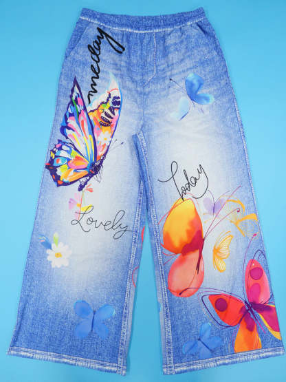 Floral Butterfly Print Wide Leg Jeans