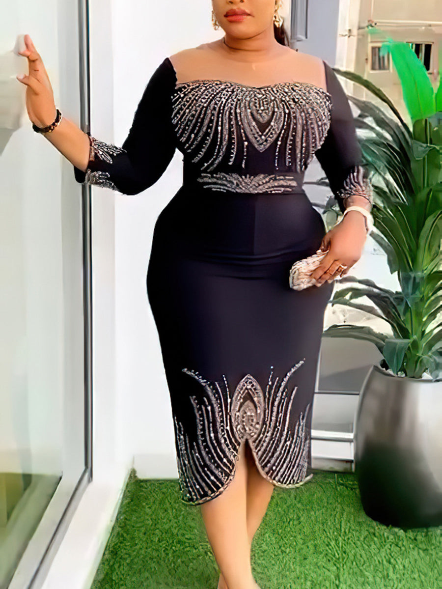 Mid-Sleeve Beaded & Rhinestone Party Dress