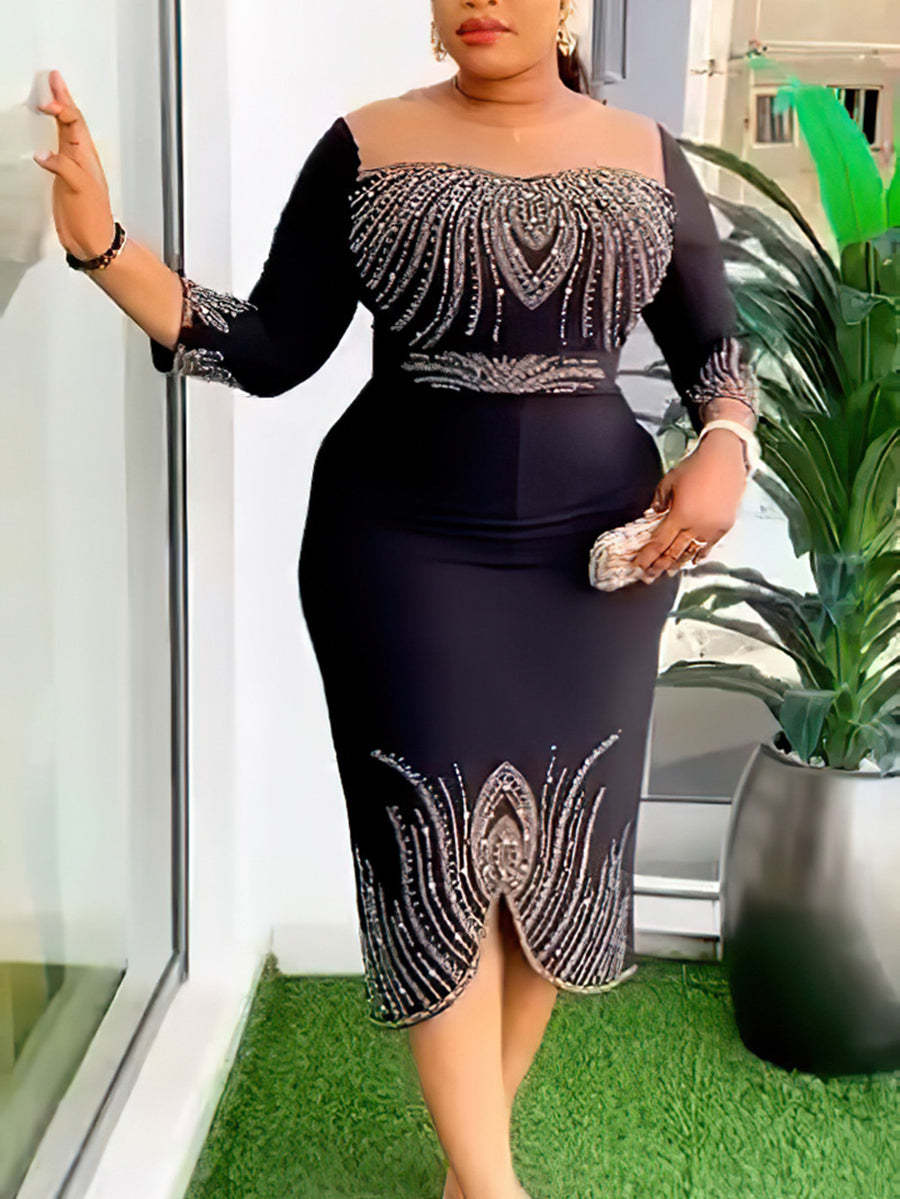 Mid-Sleeve Beaded & Rhinestone Party Dress