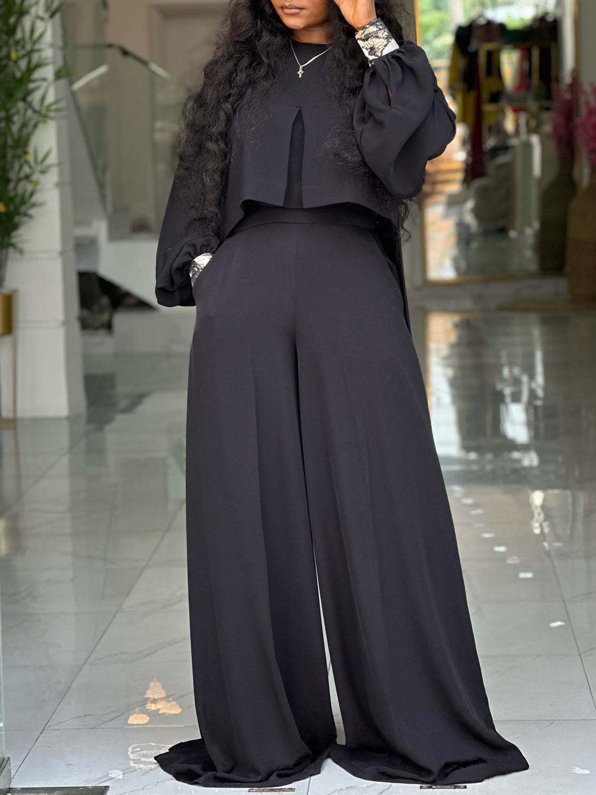 Plus Size Lantern Sleeve Wide Leg Pants Set