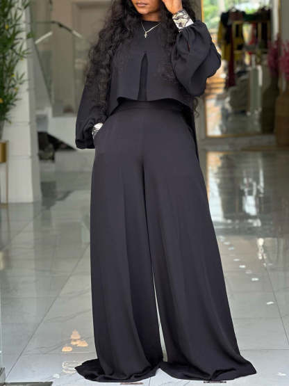 Plus Size Lantern Sleeve Wide Leg Pants Set